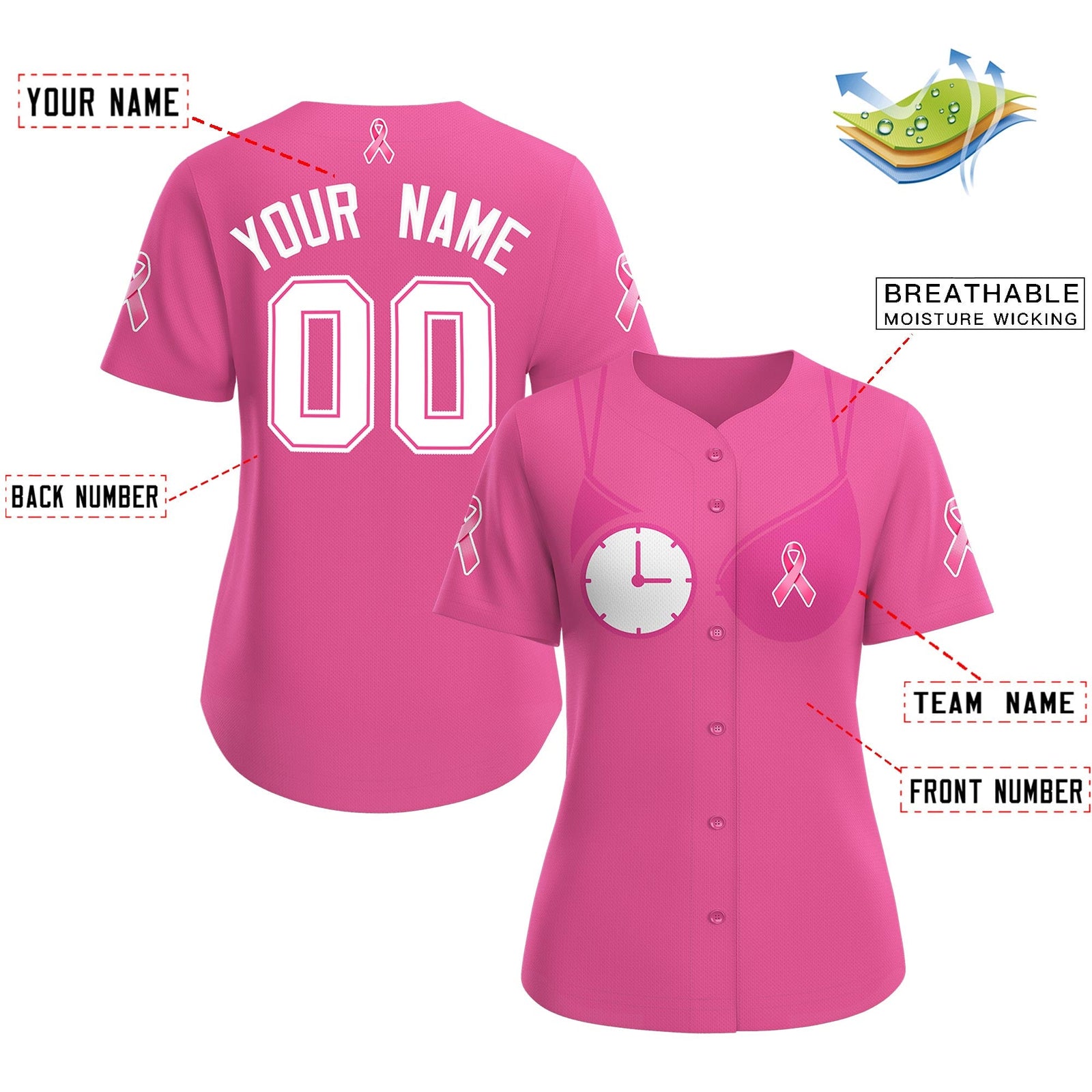 Custom Pink White Breast Cancer Awareness Month Pink Ribbon Authentic Baseball Jersey for Women