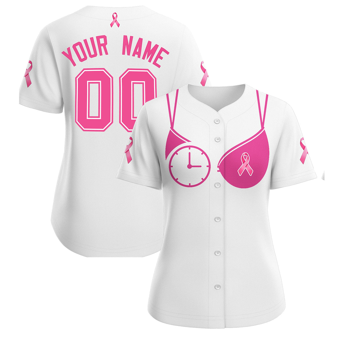Custom White Pink Breast Cancer Awareness Month Pink Ribbon Authentic Baseball Jersey for Women