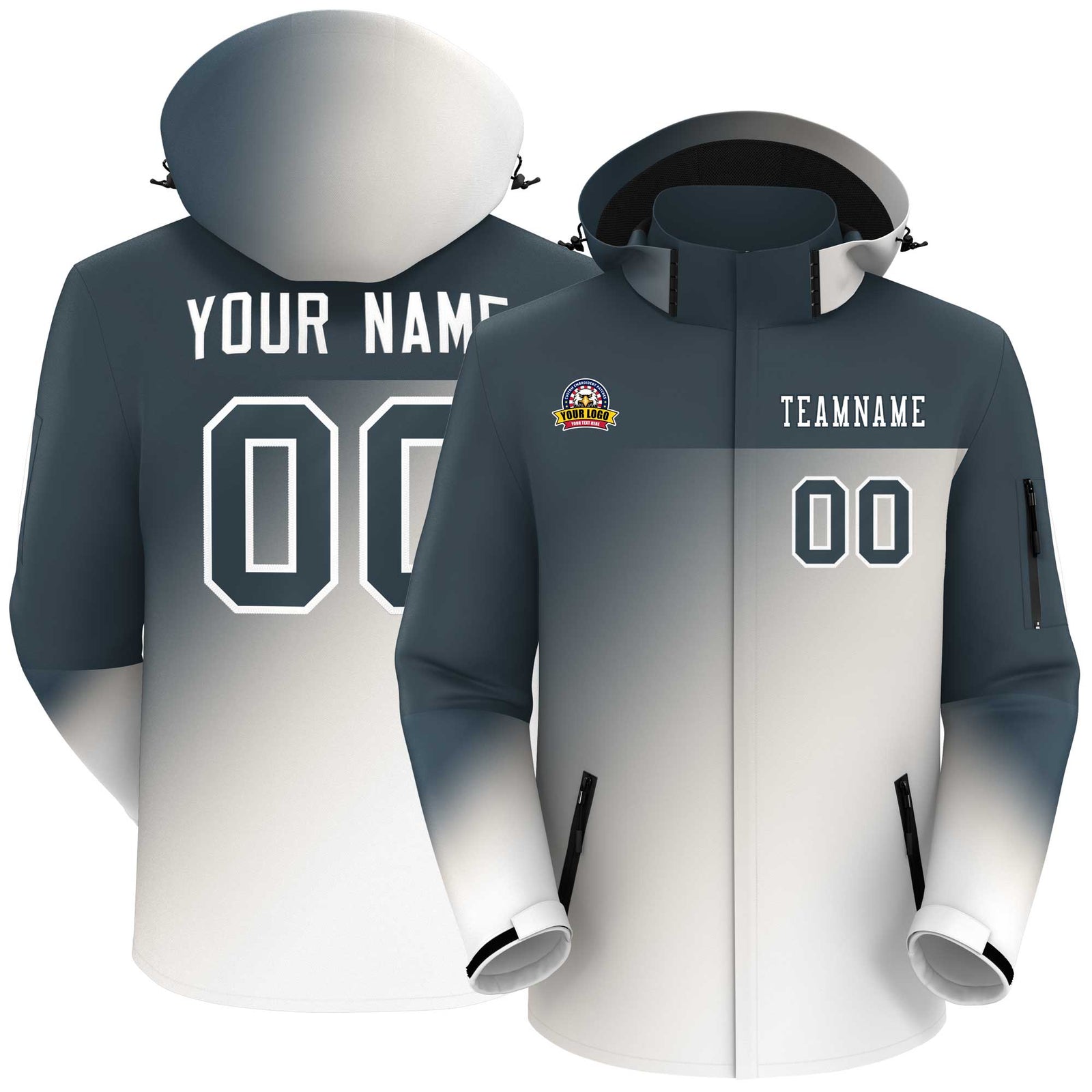 Custom Dark Gray White Gradient Fashion Personalized Outdoor Hooded Waterproof Jacket