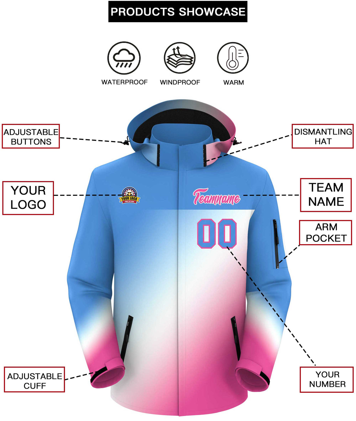 Custom Powder Blue Pink-White Gradient Fashion Personalized Outdoor Hooded Waterproof Jacket