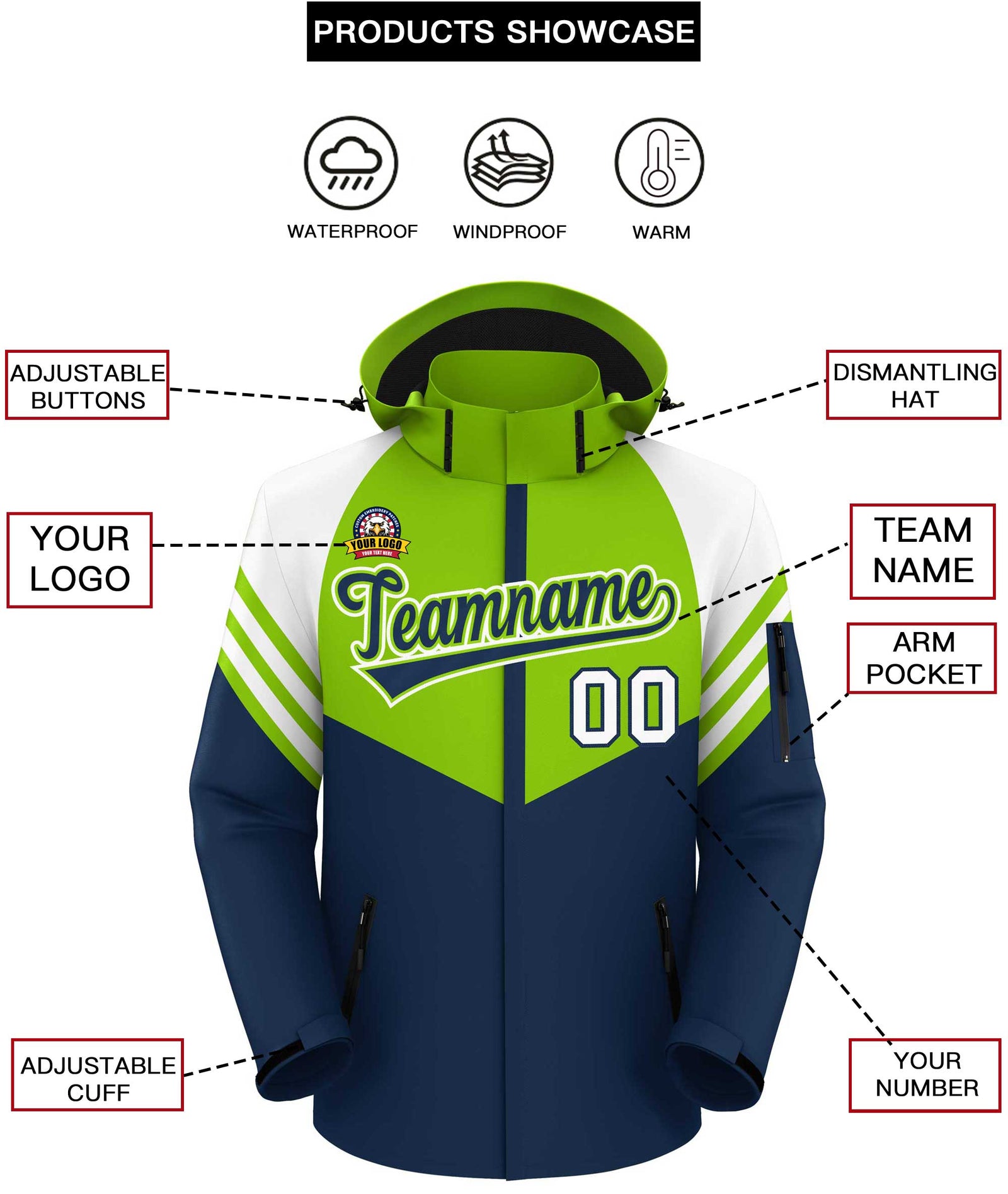Custom Neon Green Navy-White Color Block Personalized Outdoor Hooded Waterproof Jacket