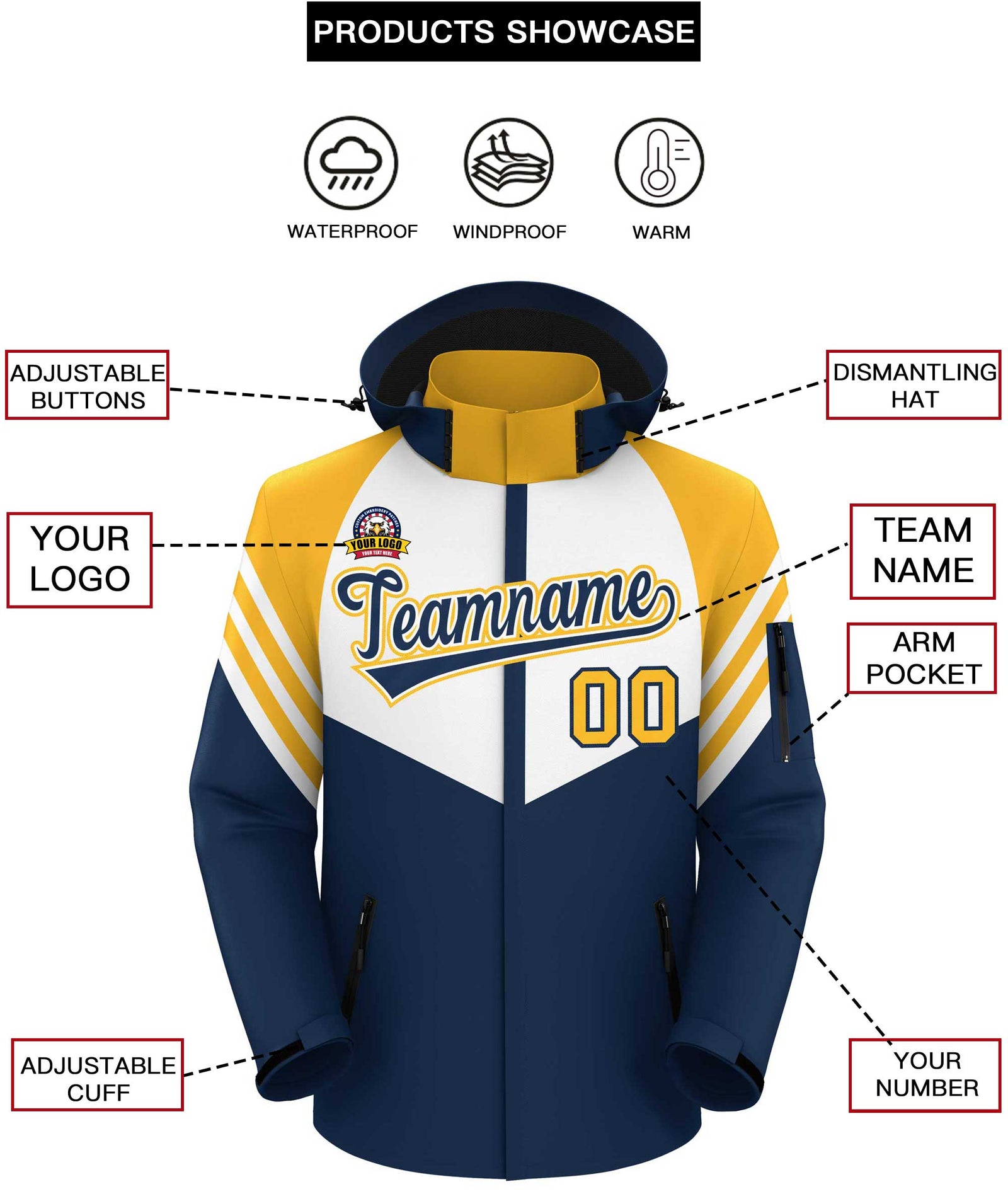 Custom White Navy-Gold Color Block Personalized Outdoor Hooded Waterproof Jacket