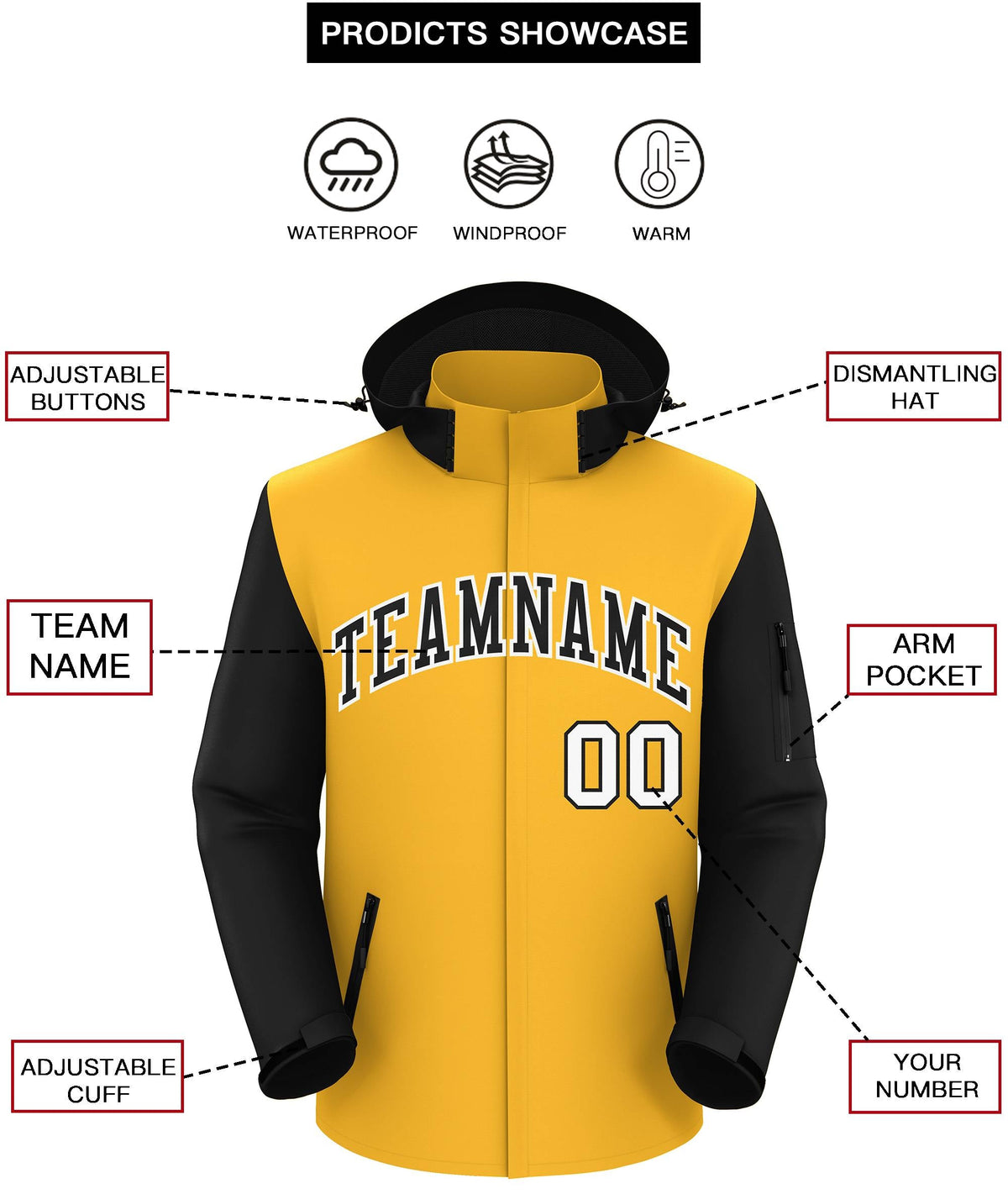 Custom Gold Black-White Raglan Sleeves Waterproof Jacket