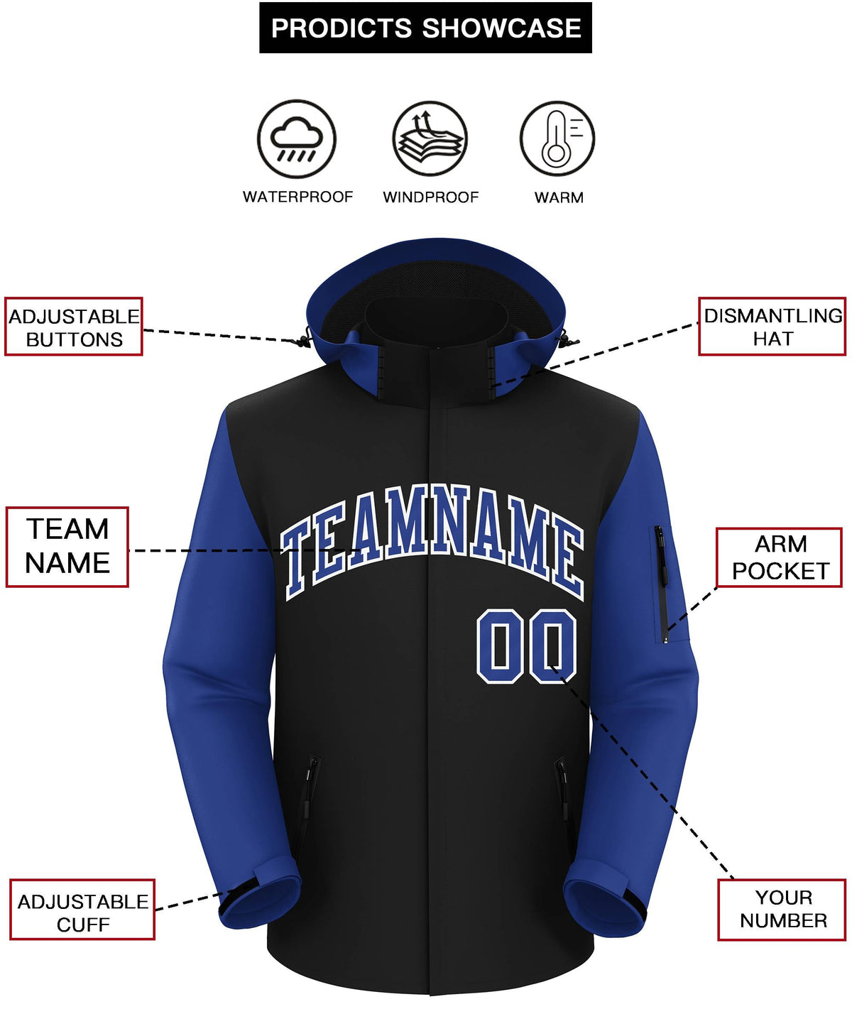 Custom Black Royal-White Raglan Sleeves Waterproof Jacket