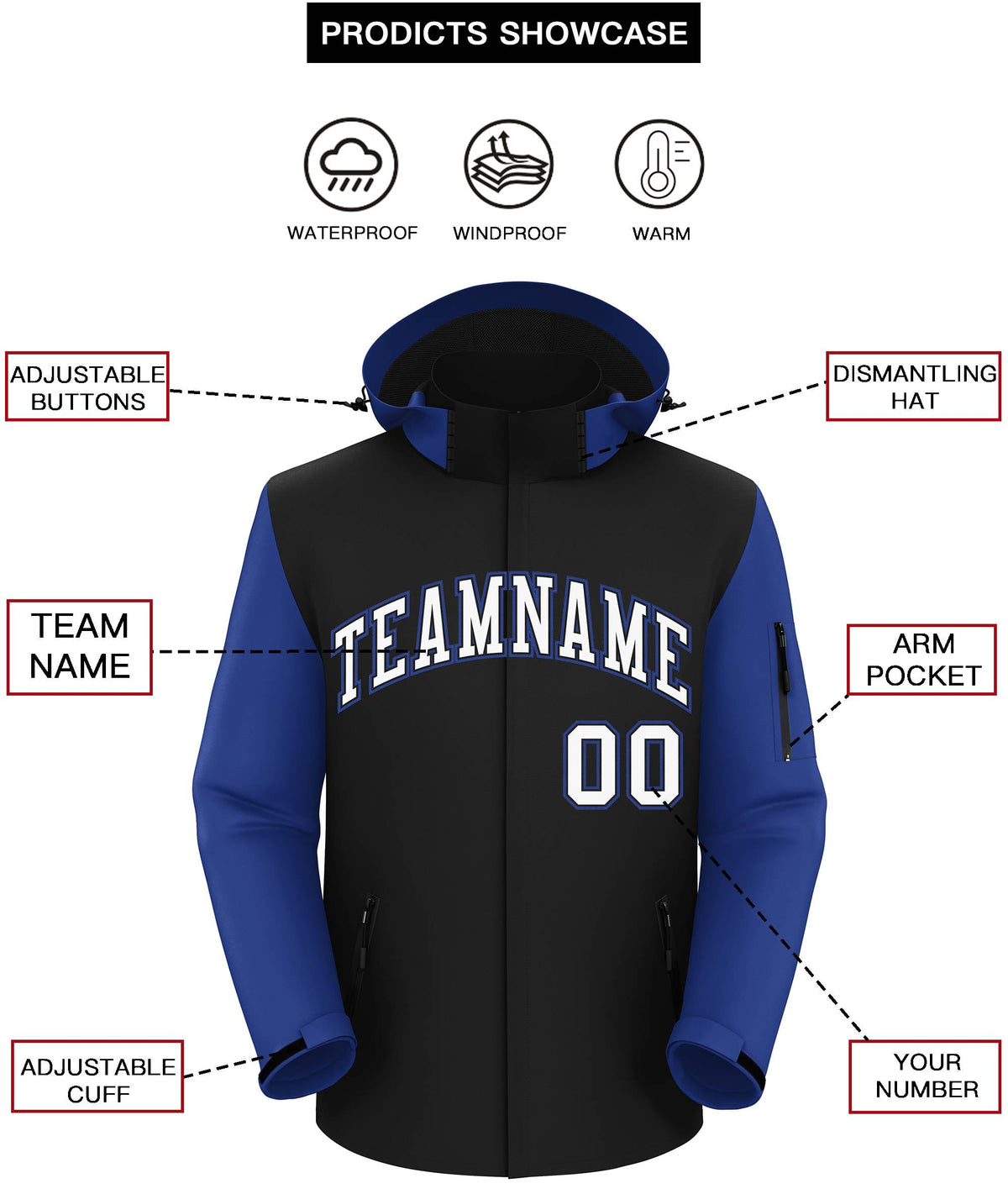 Custom Black Royal-White Raglan Sleeves Waterproof Jacket