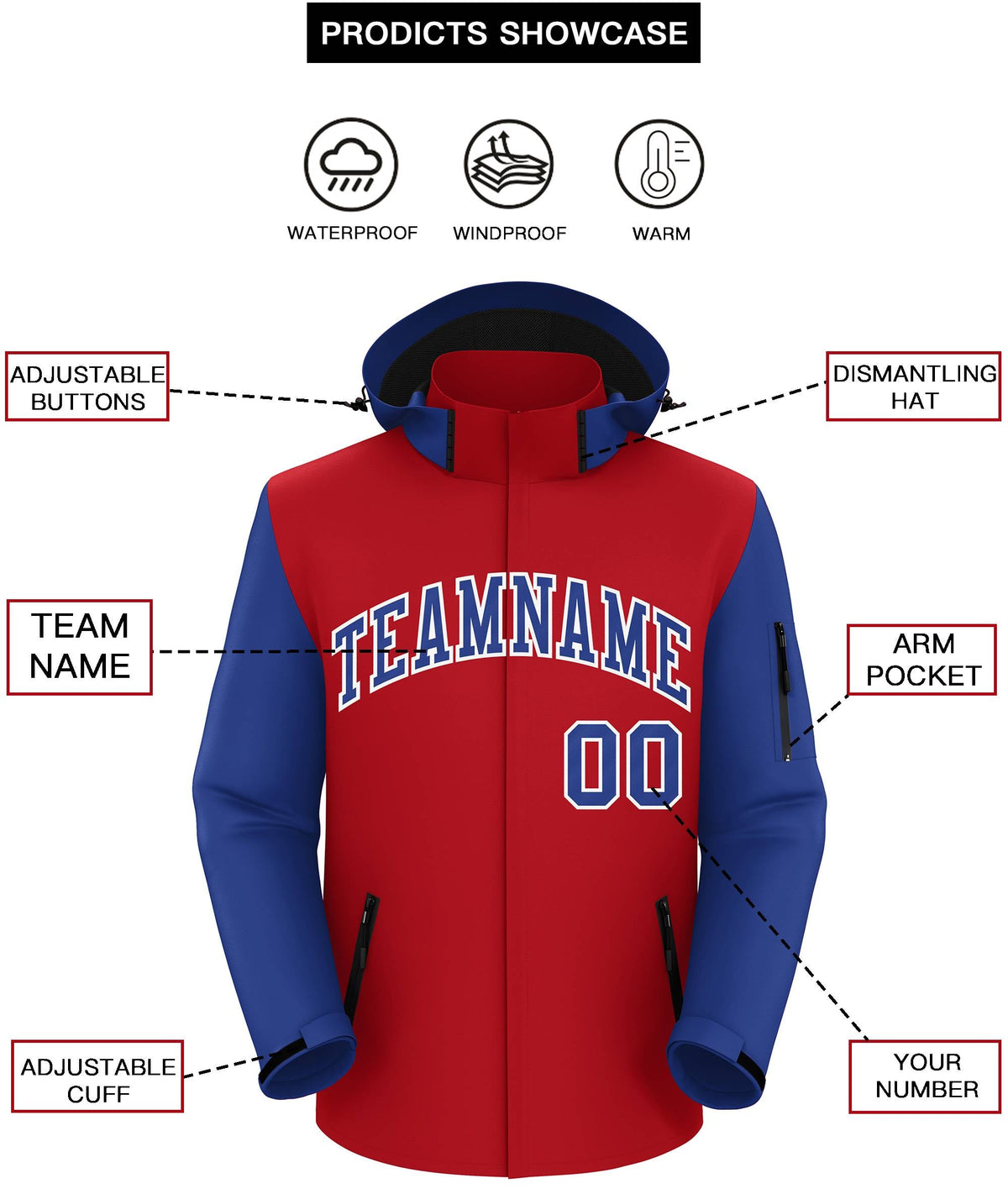 Custom Red Royal-White Raglan Sleeves Waterproof Jacket