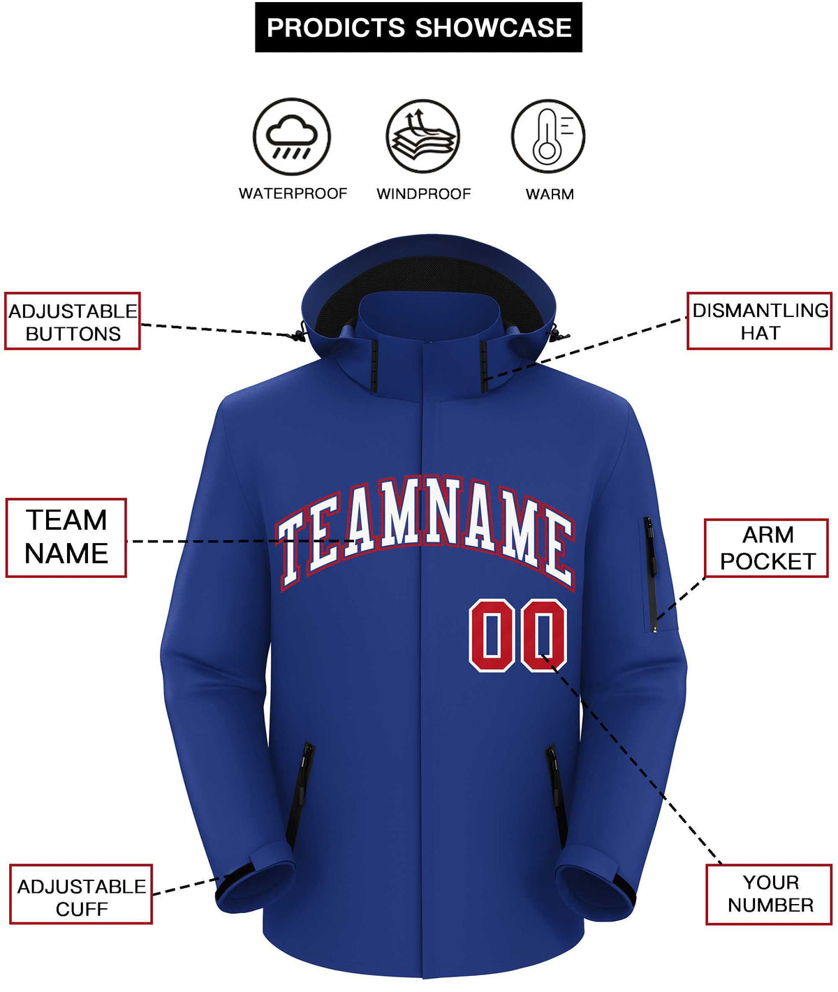 Custom Royal White-Red Classic Style Waterproof Jacket