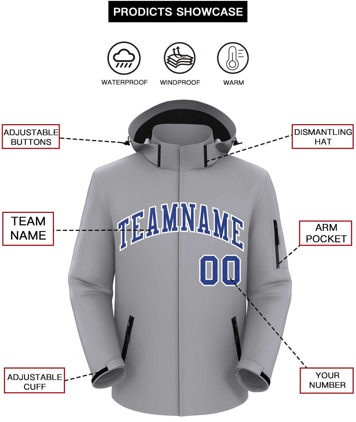 Custom Gray Royal-White Classic Style Waterproof Jacket