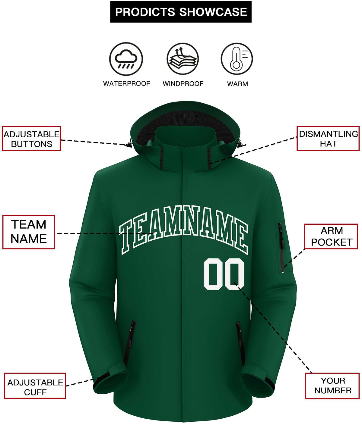 Custom Green Green-White Classic Style Waterproof Jacket