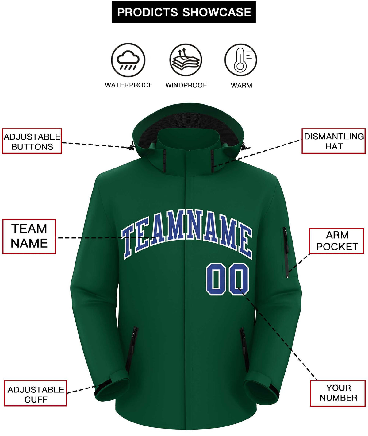 Custom Green Royal-White Classic Style Waterproof Jacket
