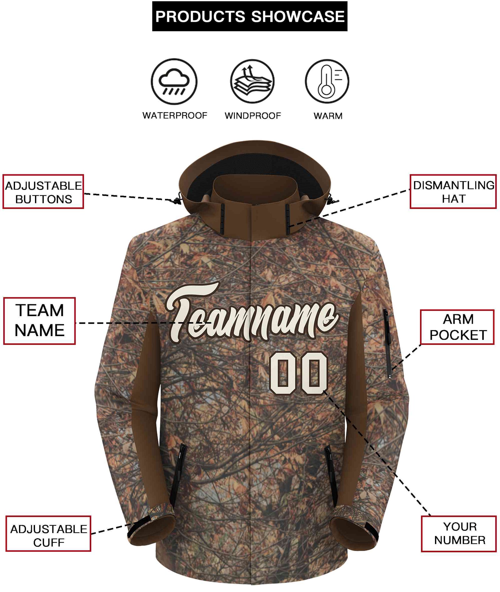 Custom Lt Brown Cream Graffiti Pattern Personalized Outdoor Hooded Waterproof Jacket