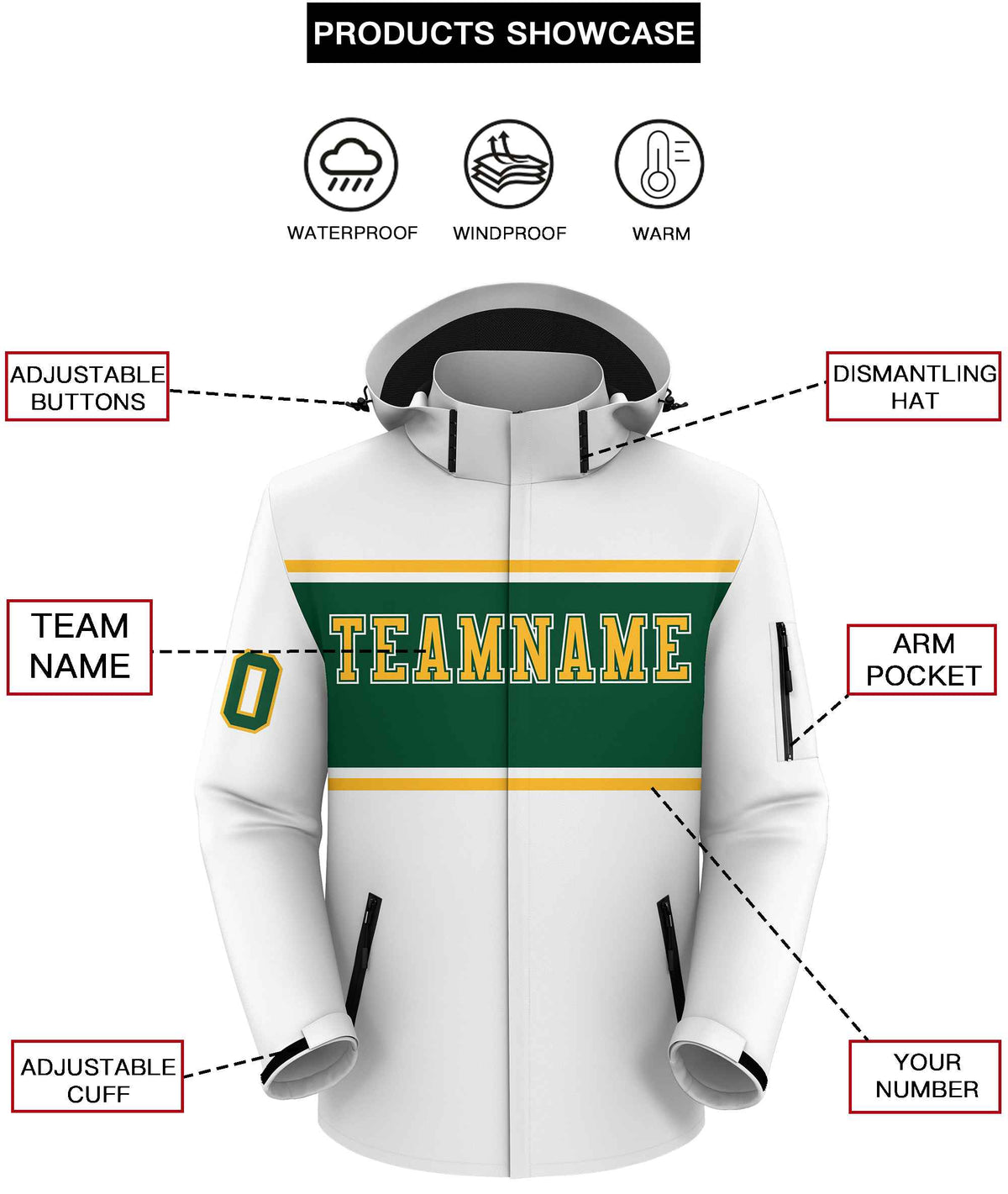 Custom White Gold-Green Color Block Personalized Outdoor Hooded Waterproof Jacket