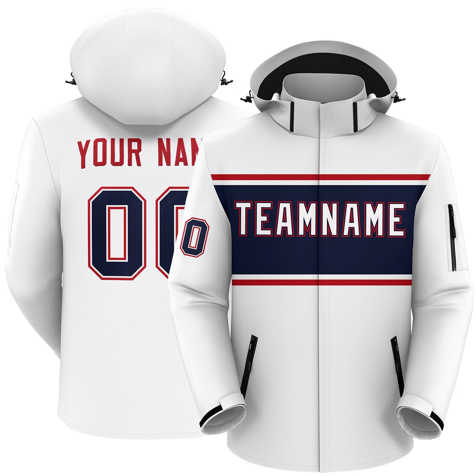 Custom White Red-Navy Color Block Personalized Outdoor Hooded Waterproof Jacket
