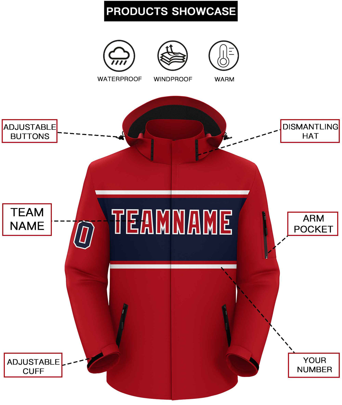 Custom Red White-Navy Color Block Personalized Outdoor Hooded Waterproof Jacket