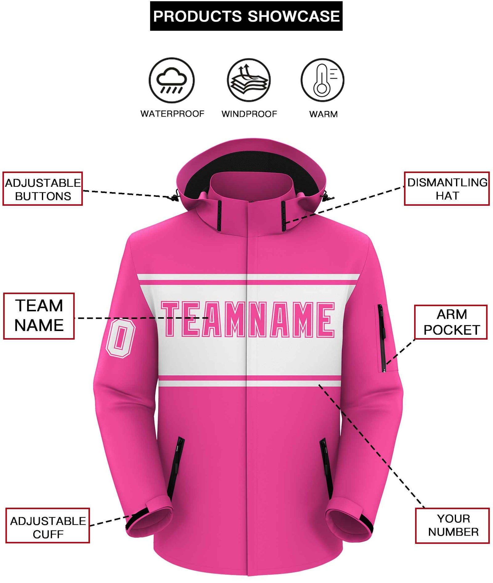Custom Pink White Color Block Personalized Outdoor Hooded Waterproof Jacket