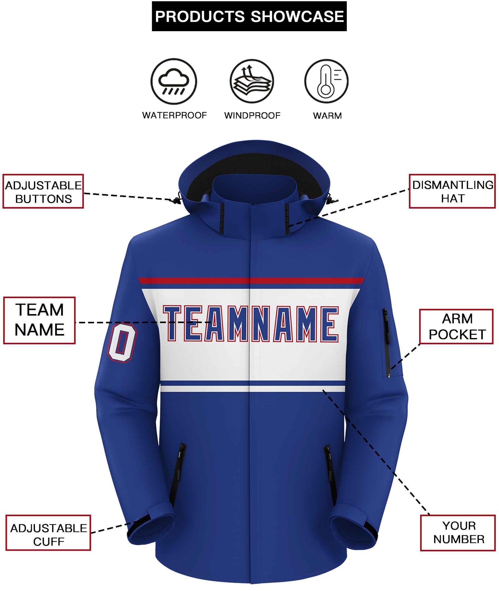 Custom Royal Red-White Color Block Personalized Outdoor Hooded Waterproof Jacket