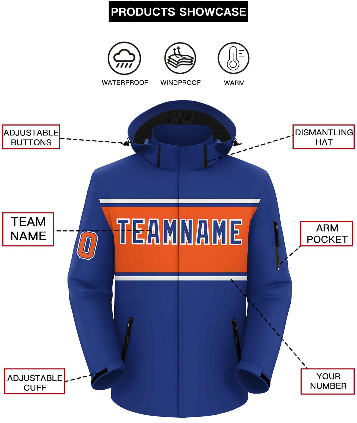 Custom Royal White-Orange Color Block Personalized Outdoor Hooded Waterproof Jacket