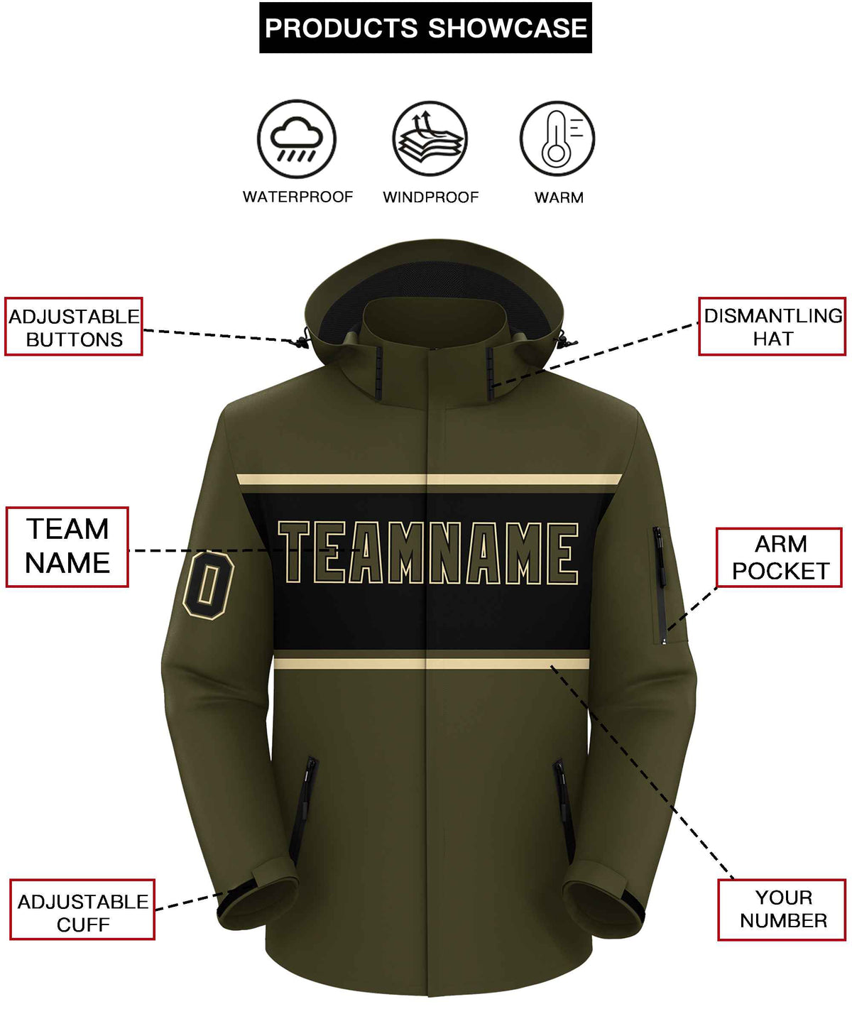 Custom Olive Khaki-Black Color Block Personalized Outdoor Hooded Waterproof Jacket