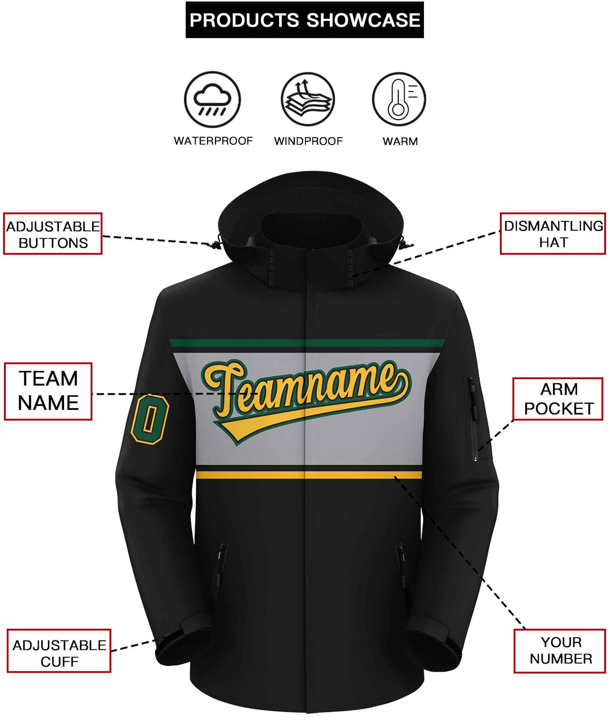 Custom Black Gold-Gray Color Block Personalized Outdoor Hooded Waterproof Jacket