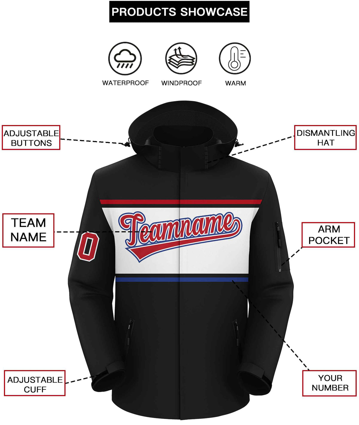 Custom Black Red-White Color Block Personalized Outdoor Hooded Waterproof Jacket