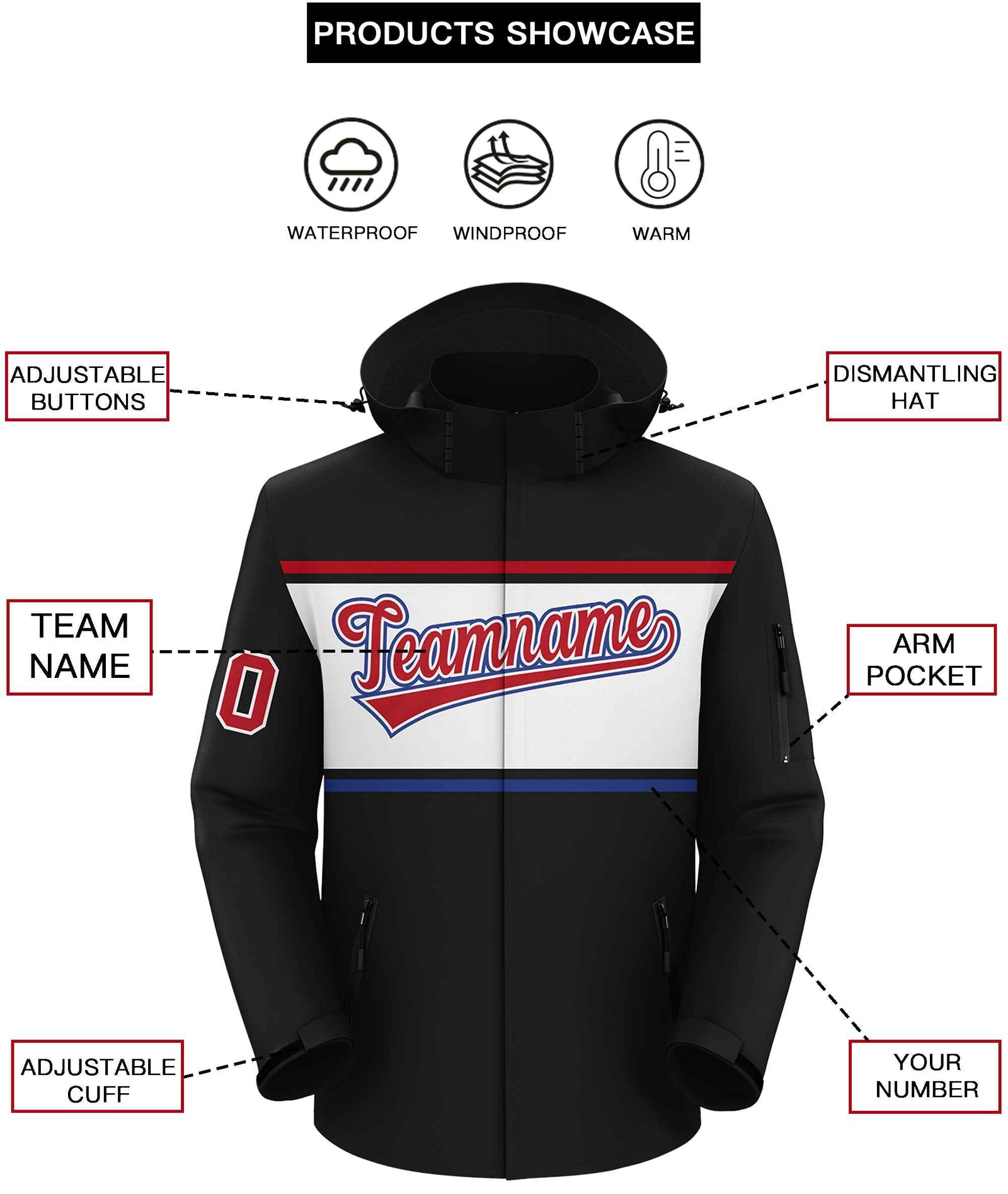 Custom Black Red-White Color Block Personalized Outdoor Hooded Waterproof Jacket