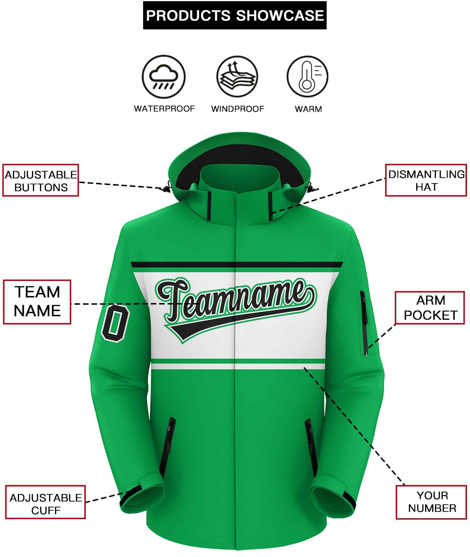 Custom Kelly Green Black-White Color Block Personalized Outdoor Hooded Waterproof Jacket
