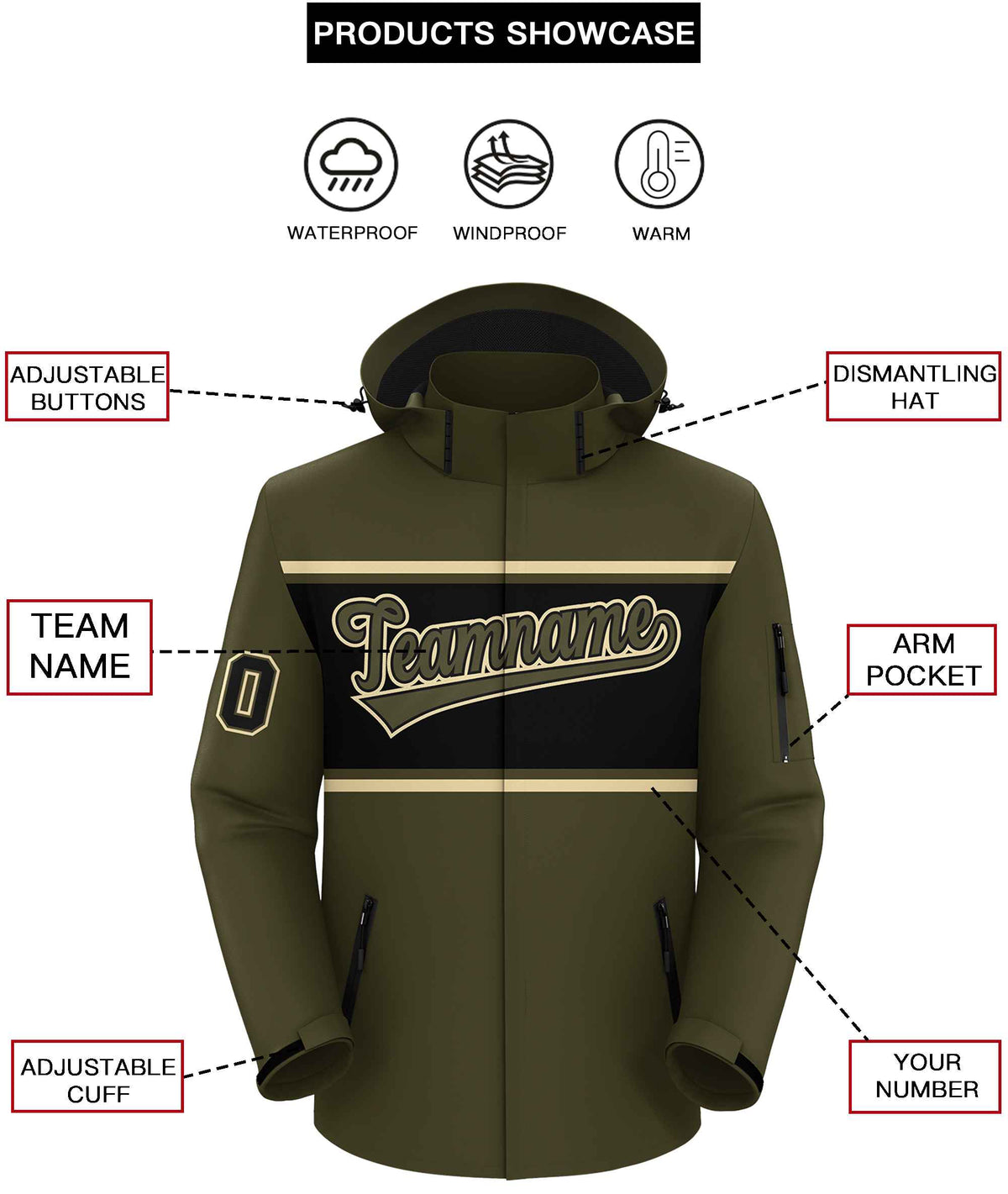 Custom Olive Khaki-Black Color Block Personalized Outdoor Hooded Waterproof Jacket