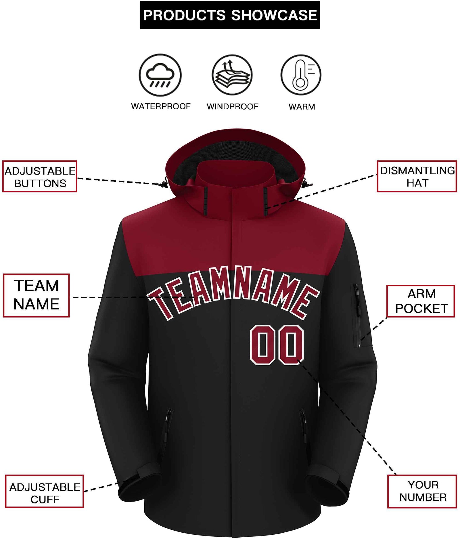 Custom Crimson Black-White Two Tone Waterproof Jacket