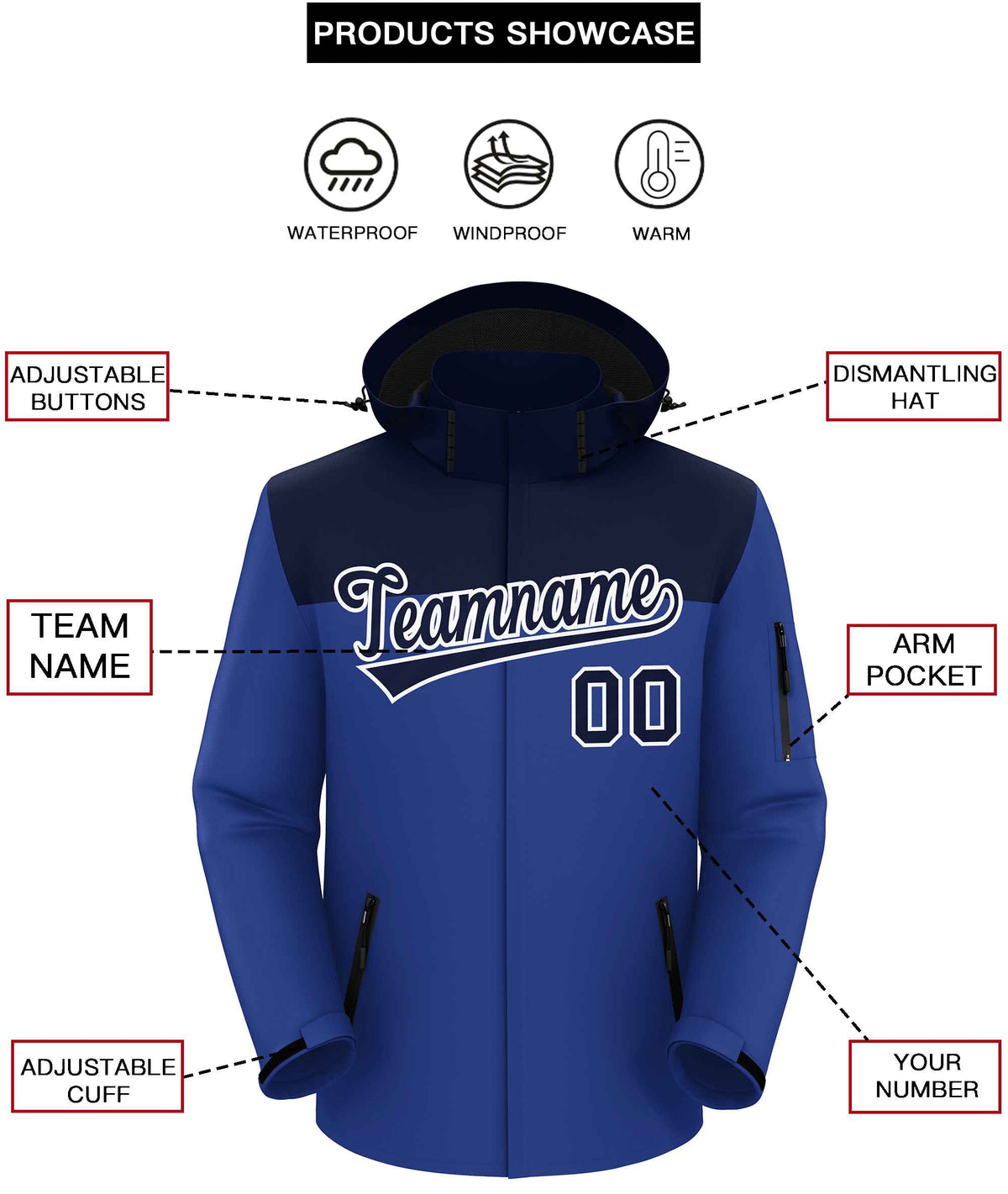 Custom Navy Royal-White Two Tone Waterproof Jacket