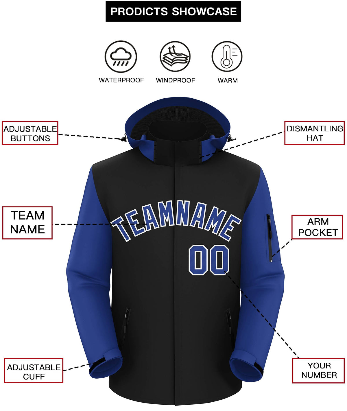 Custom Black Royal-White Raglan Sleeves Waterproof Jacket