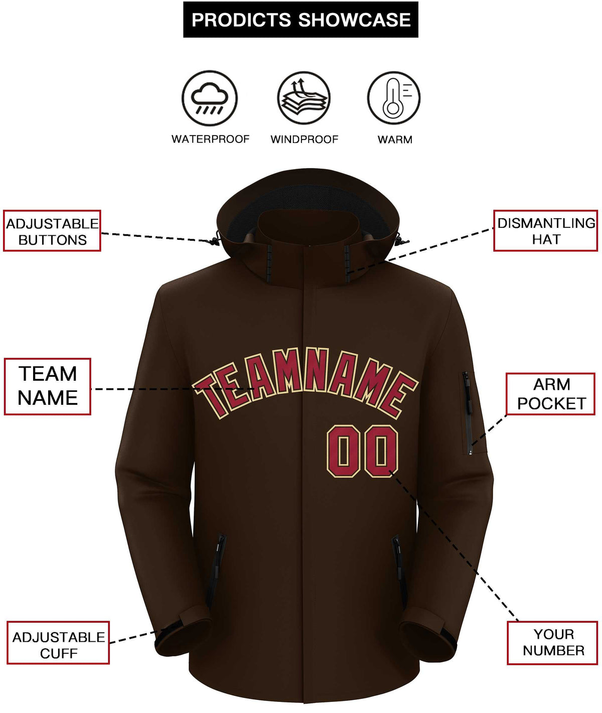 Custom Brown Crimson-Khaki Classic Style Waterproof Jacket