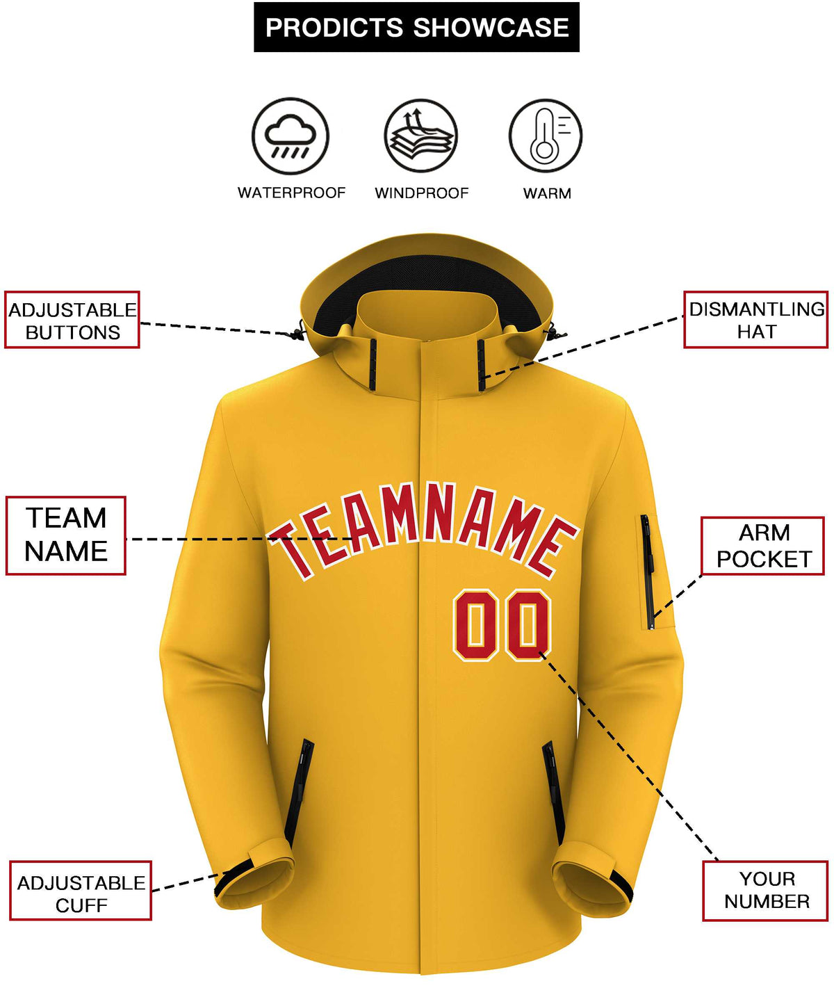 Custom Gold Red-White Classic Style Waterproof Jacket