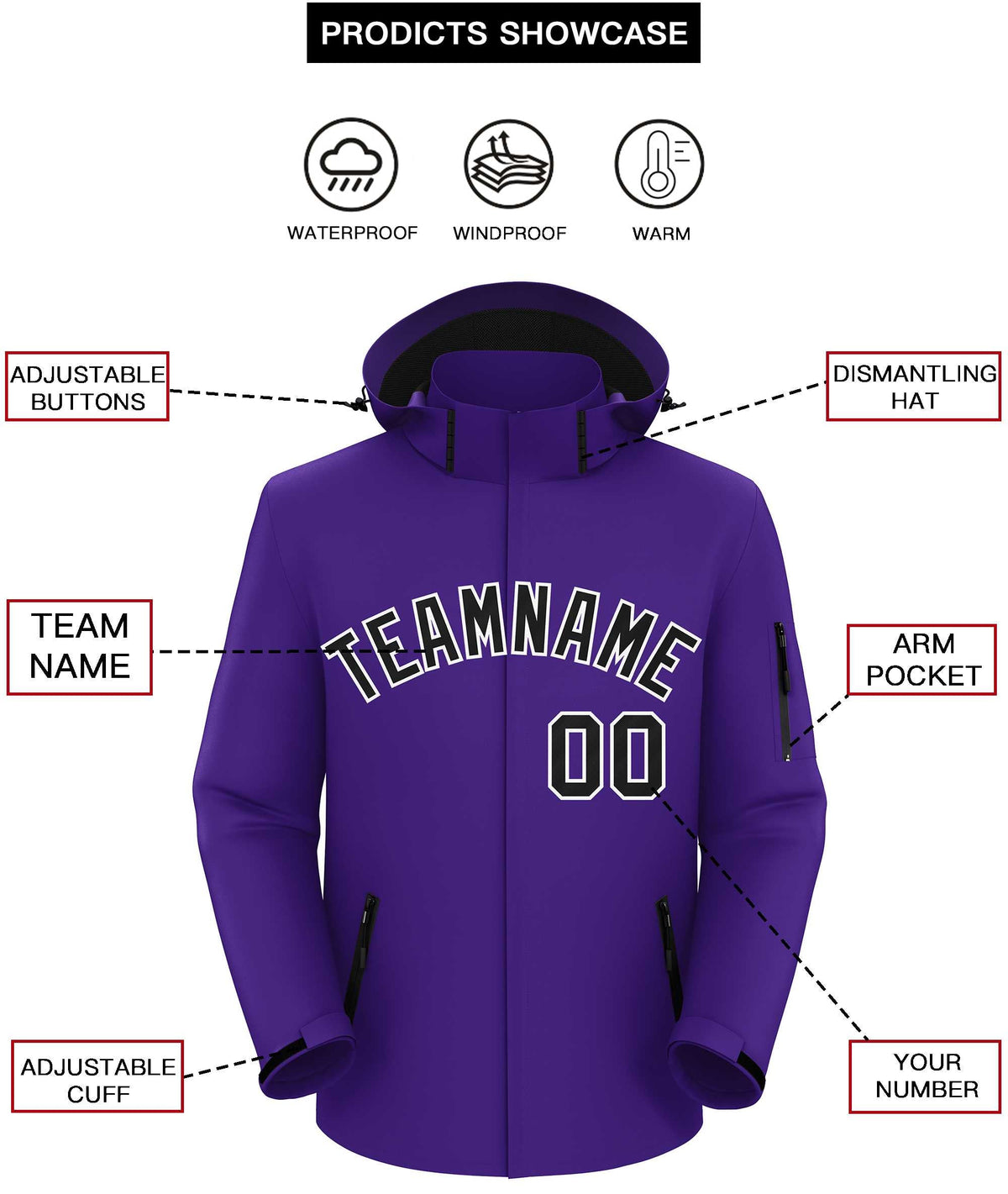 Custom Purple Black-White Classic Style Waterproof Jacket