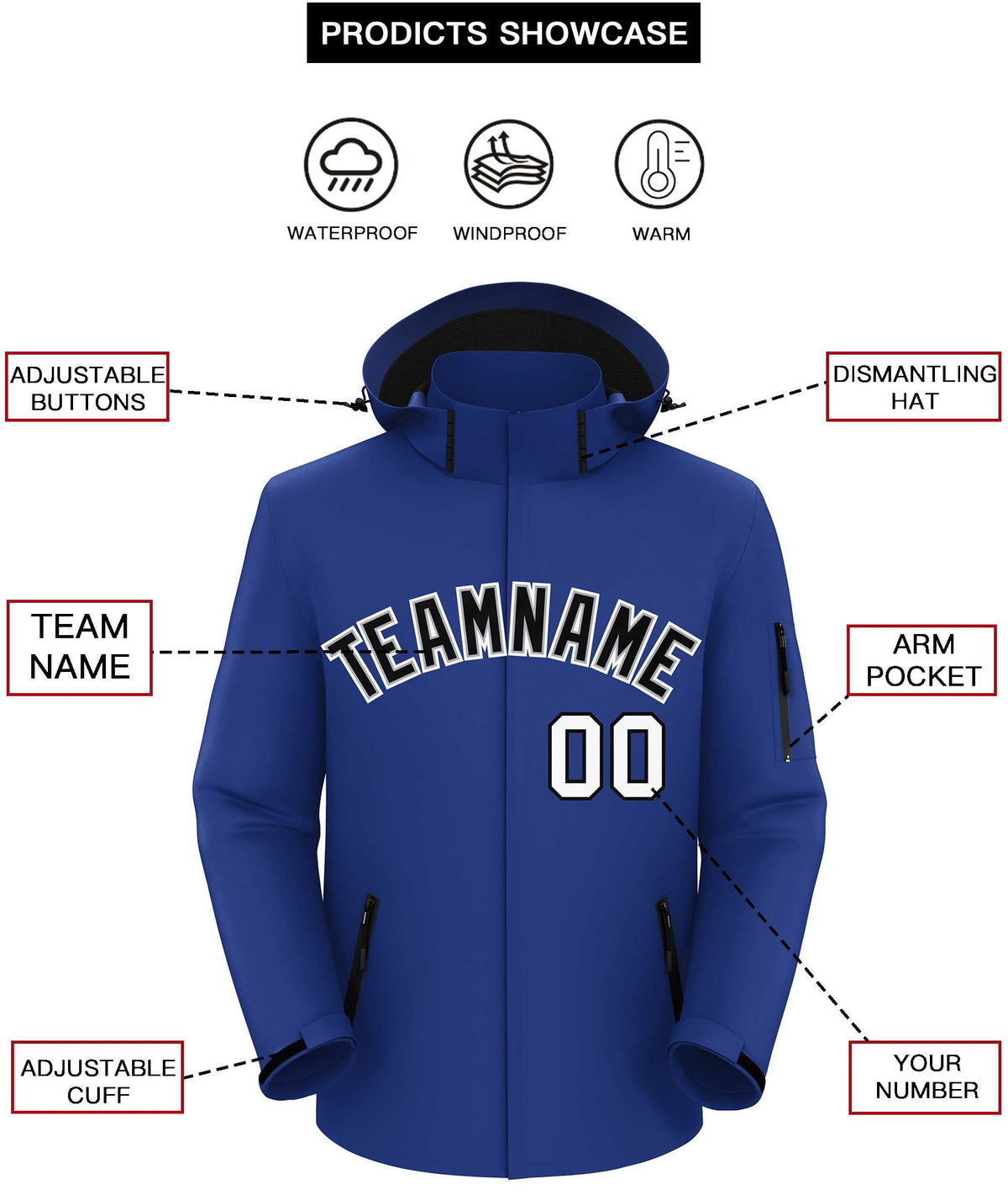Custom Royal Black-White Classic Style Waterproof Jacket