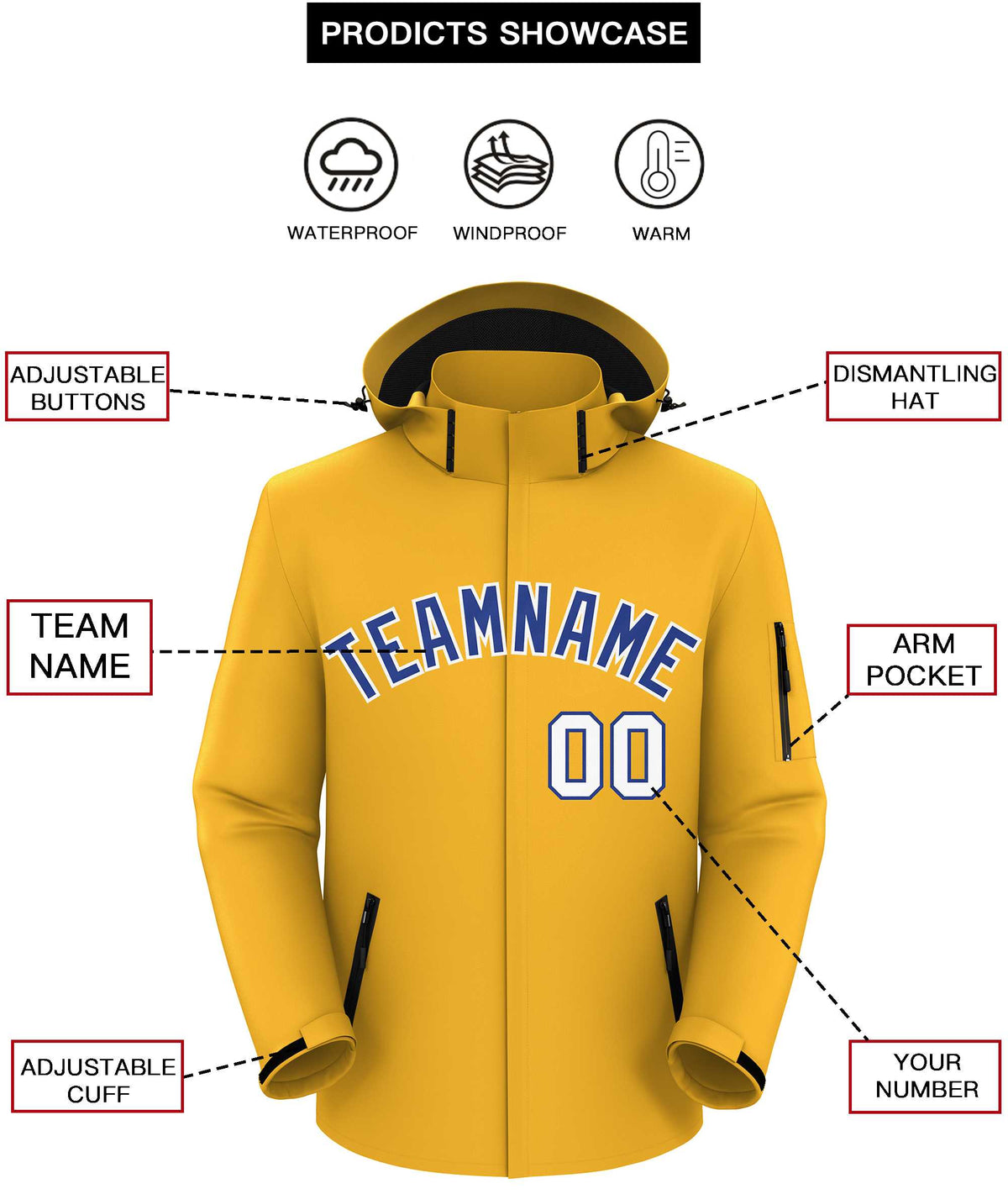 Custom Gold Royal-White Classic Style Waterproof Jacket
