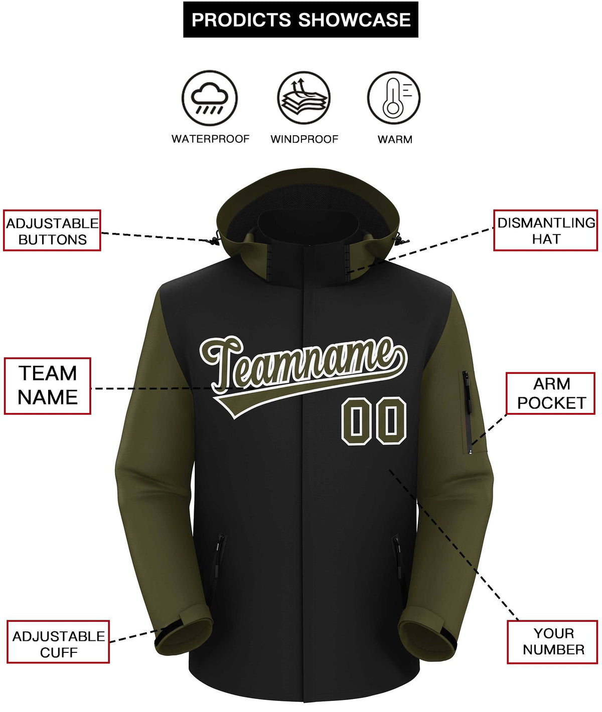 Custom Black Olive-White Raglan Sleeves Waterproof Jacket