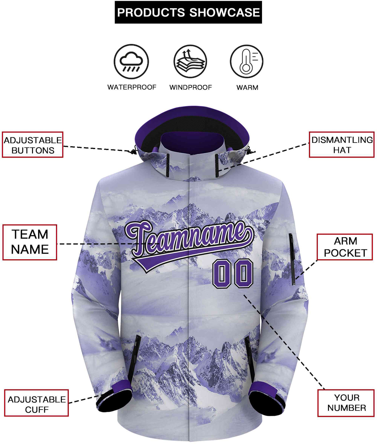 Custom Purple White-Black Graffiti Pattern Outdoor Personalized Waterproof Jacket for Climbing