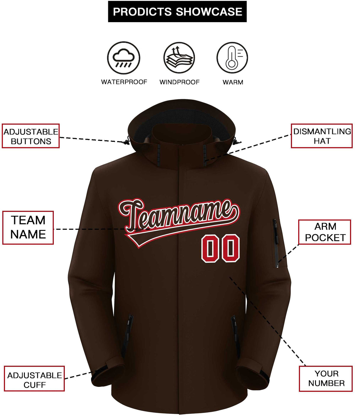 Custom Brown Brown-Red Classic Style Waterproof Jacket