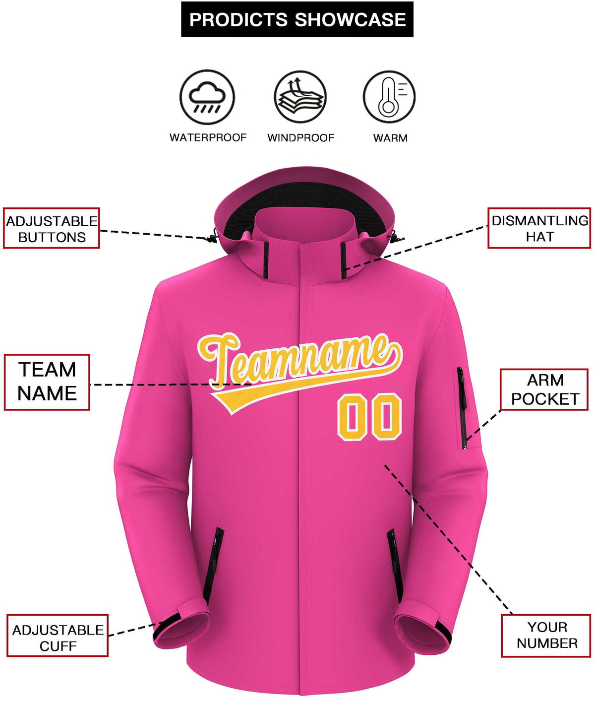 Custom Pink Gold-White Classic Style Waterproof Jacket