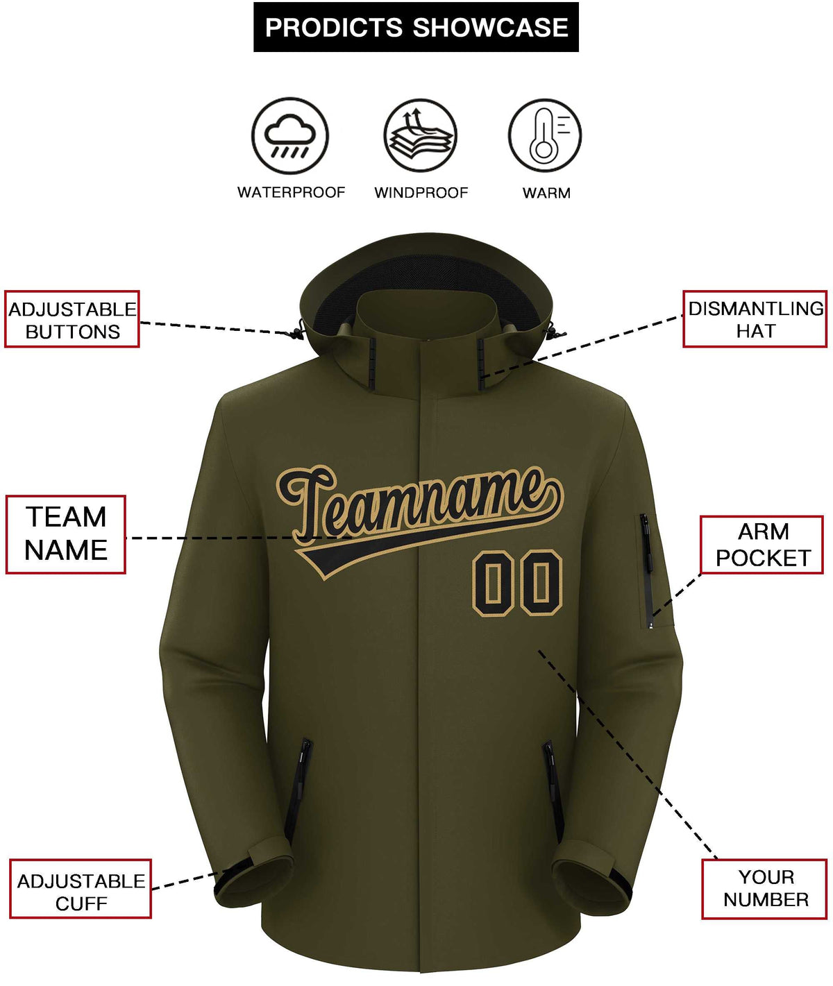 Custom Olive Black-Old Gold Classic Style Waterproof Jacket