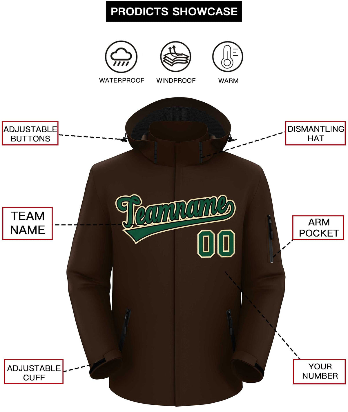 Custom Brown Green-Khaki Classic Style Waterproof Jacket