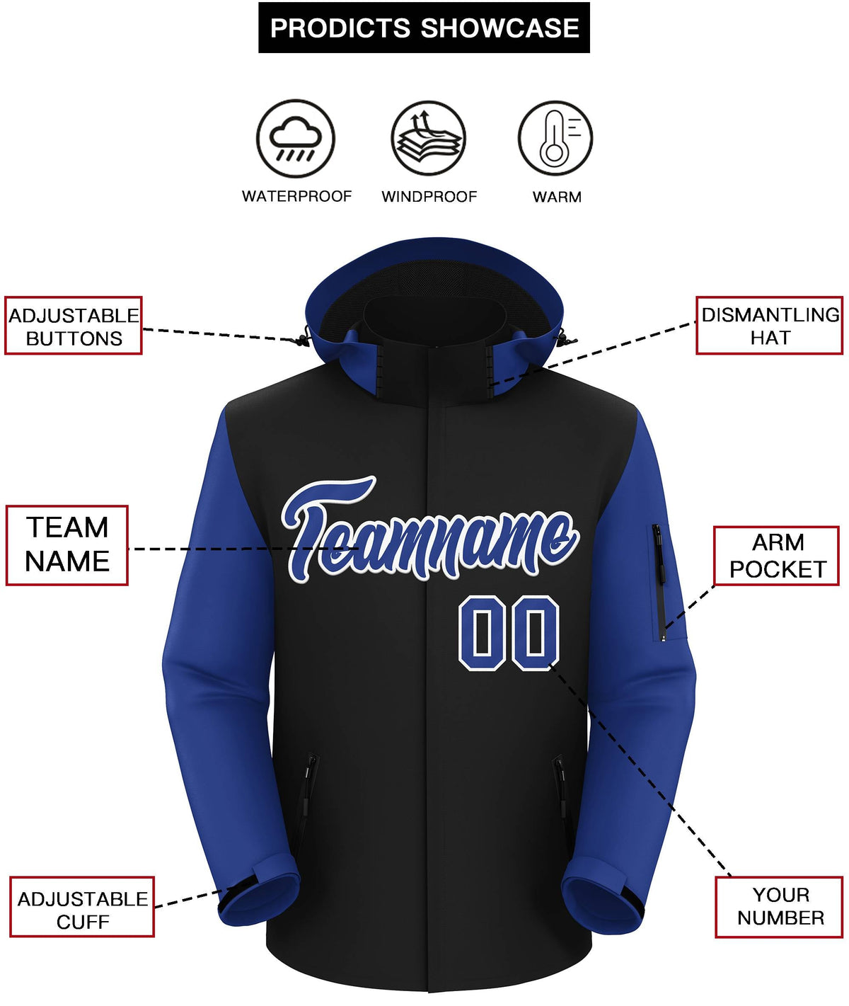Custom Black Royal-White Raglan Sleeves Waterproof Jacket