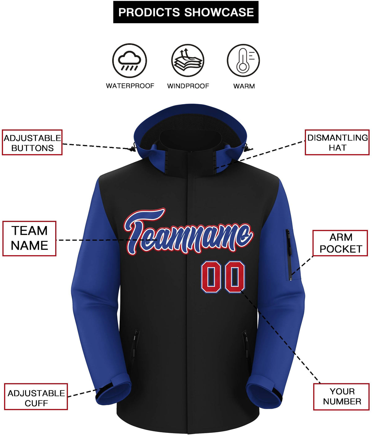 Custom Black Royal-Red Raglan Sleeves Waterproof Jacket