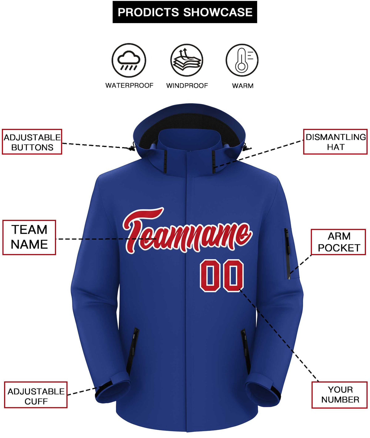 Custom Royal Red-White Classic Style Waterproof Jacket