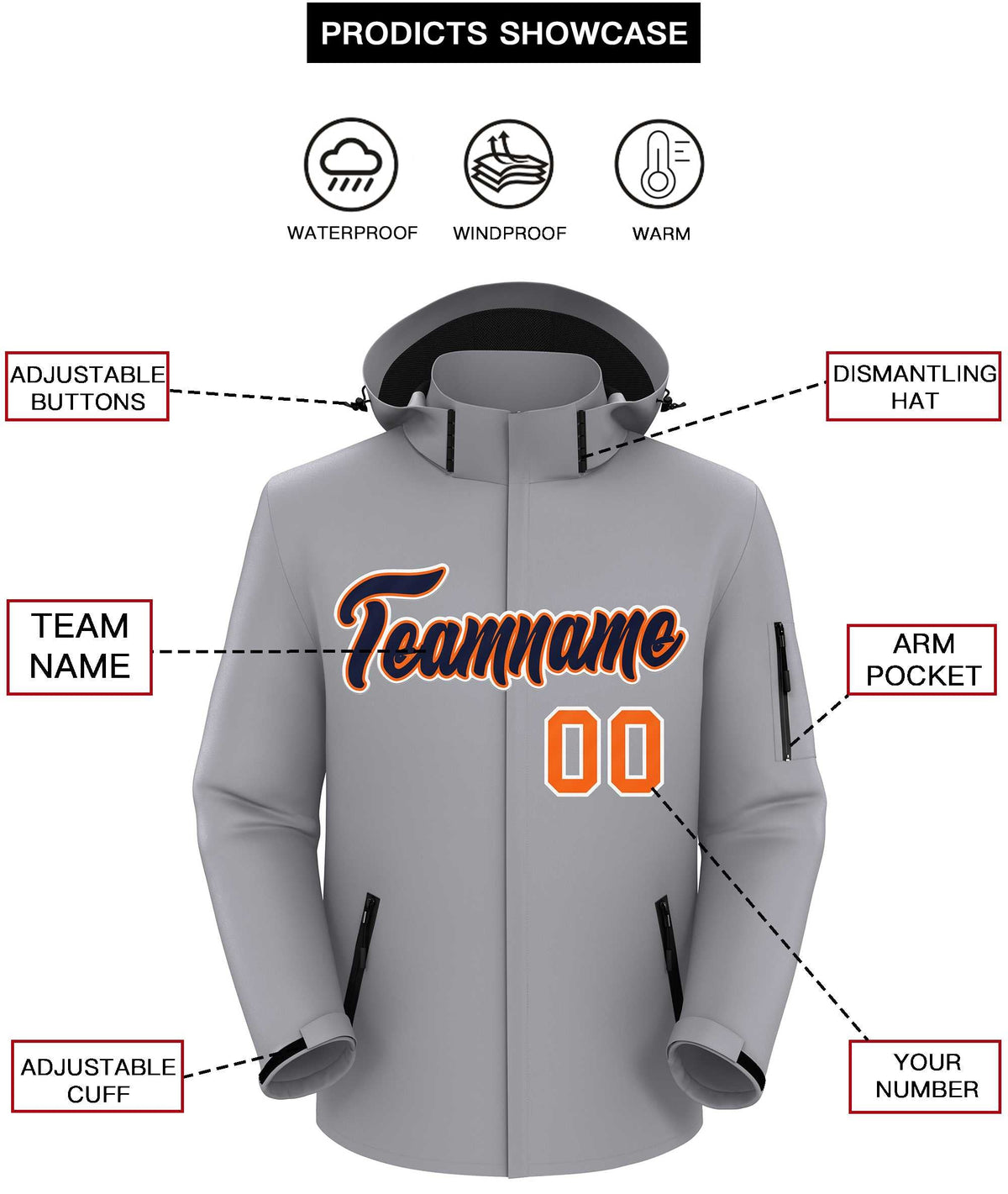 Custom Gray Navy-White Classic Style Waterproof Jacket