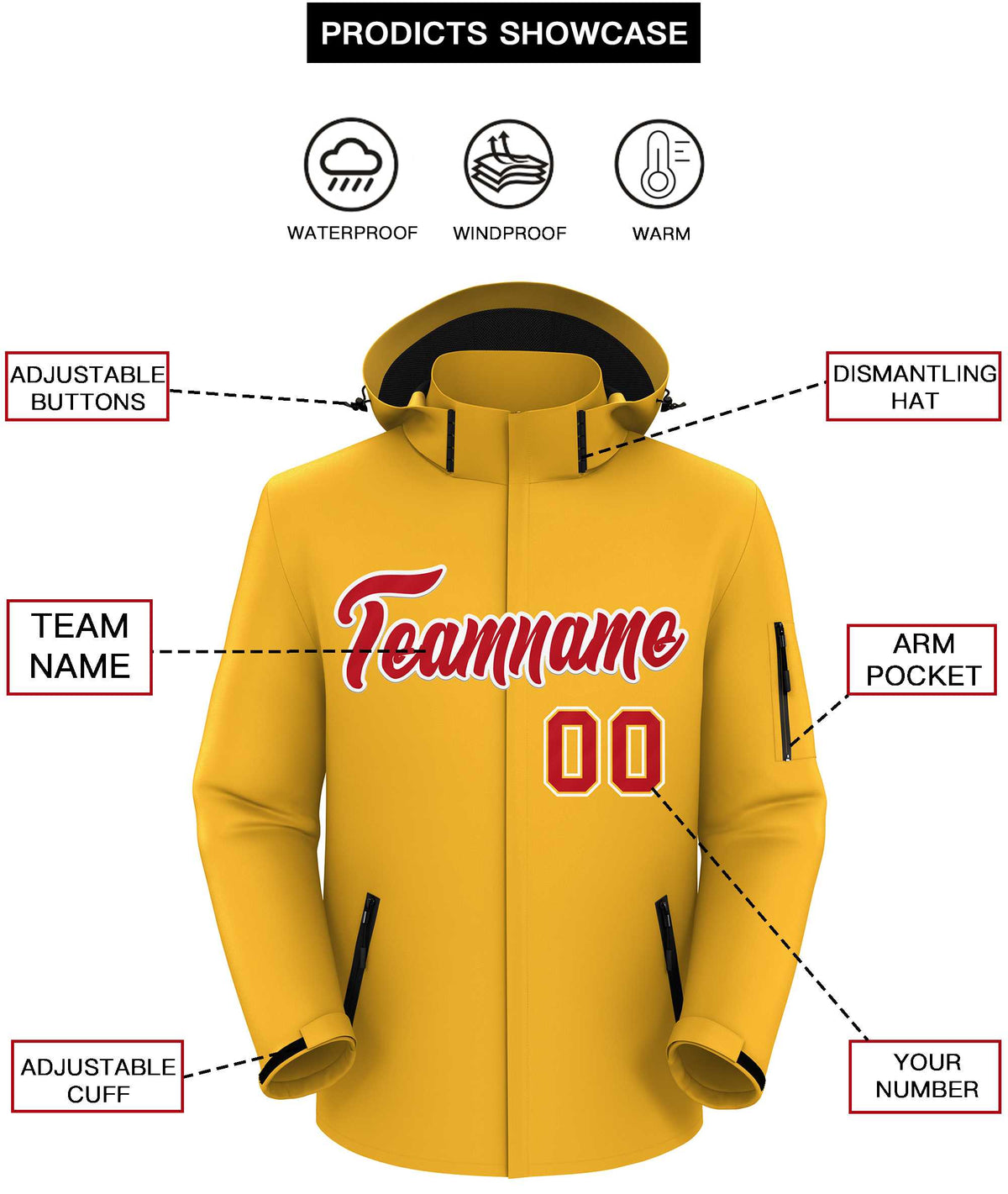 Custom Gold Red-White Classic Style Waterproof Jacket