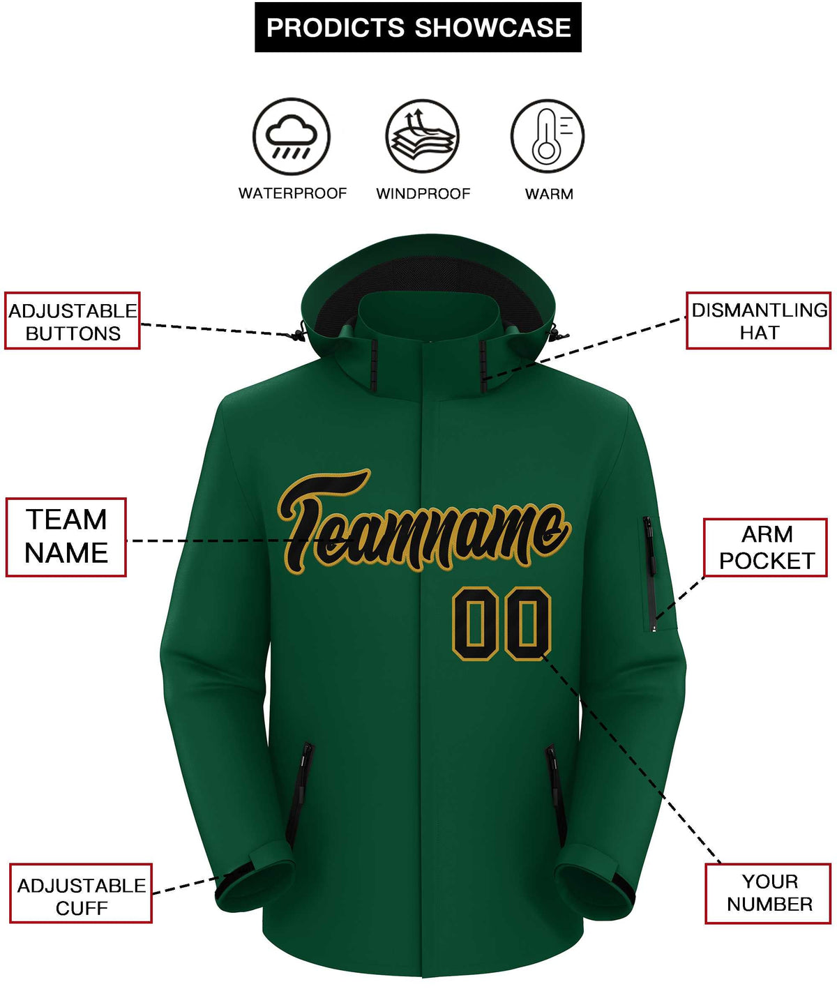 Custom Green Black-Old Gold Classic Style Waterproof Jacket