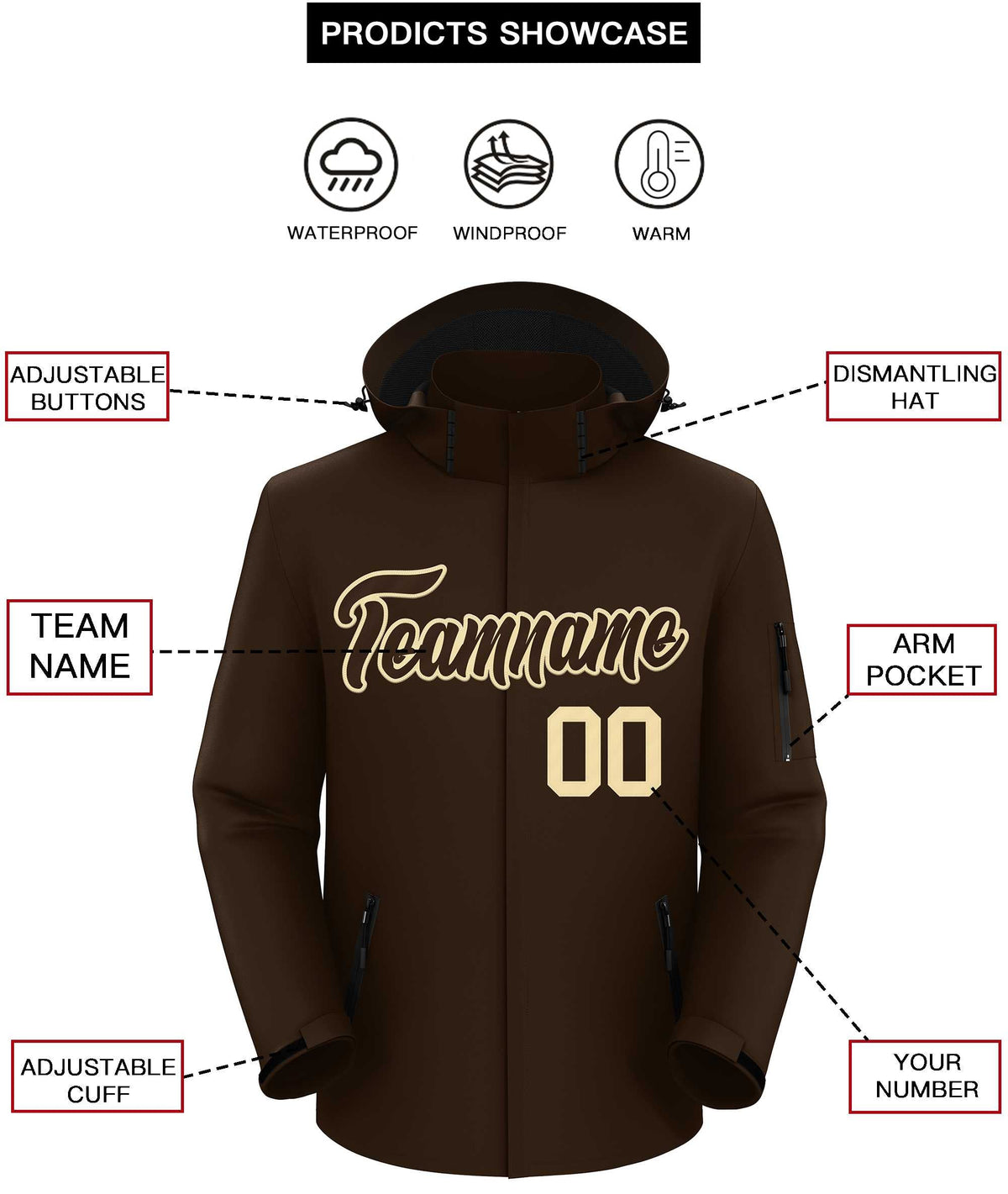 Custom Brown Brown-Khaki Classic Style Waterproof Jacket