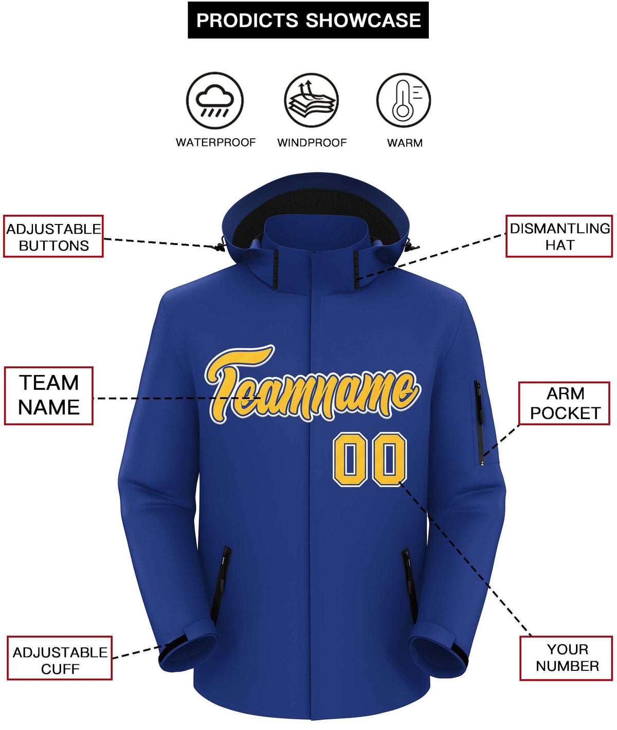Custom Royal Gold-White Classic Style Waterproof Jacket
