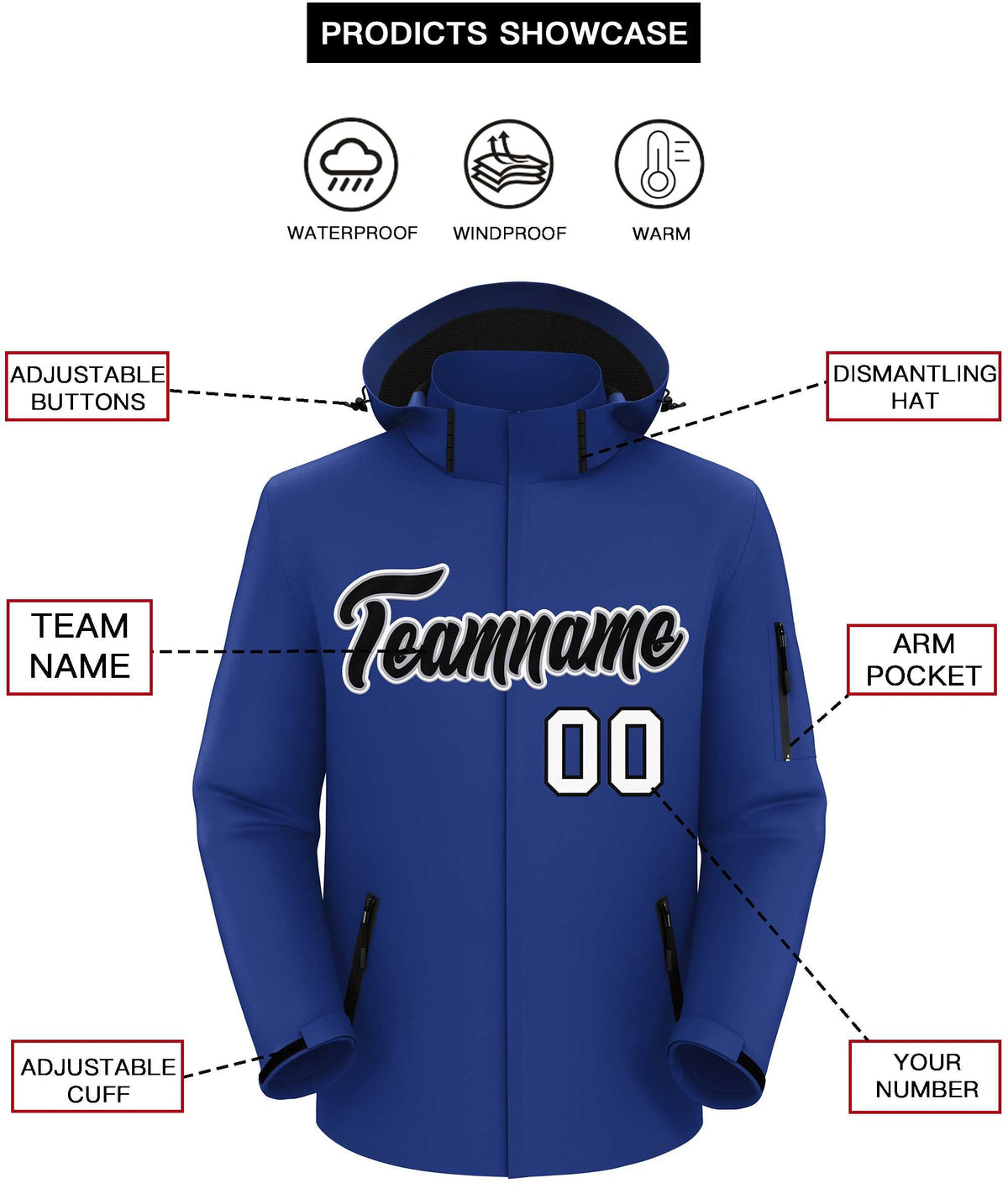 Custom Royal Black-White Classic Style Waterproof Jacket